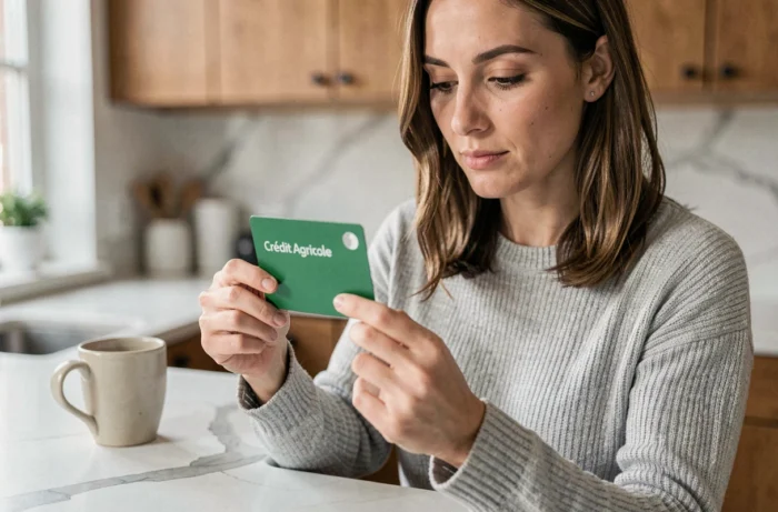 Femme activant sa carte bancaire Crédit Agricole depuis son smartphone dans une cuisine moderne