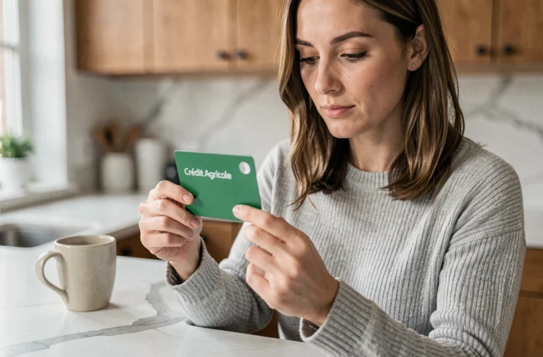Femme activant sa carte bancaire Crédit Agricole depuis son smartphone dans une cuisine moderne