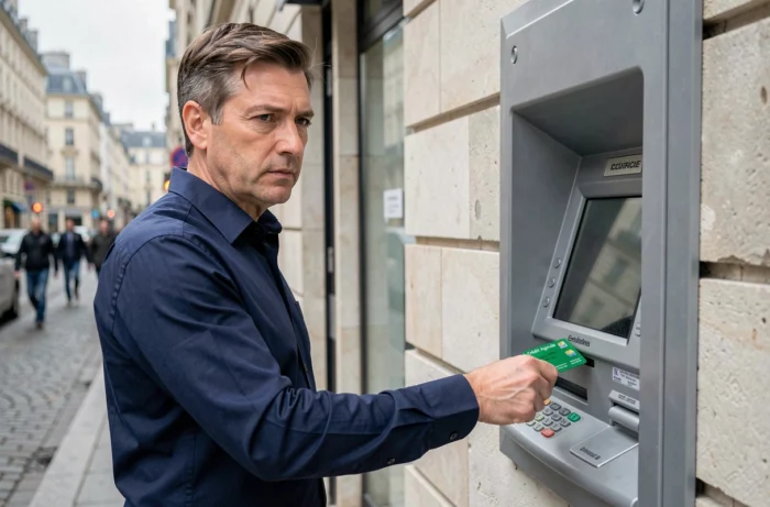 Homme insérant sa carte Crédit Agricole dans un distributeur automatique pour l'activer en agglomération