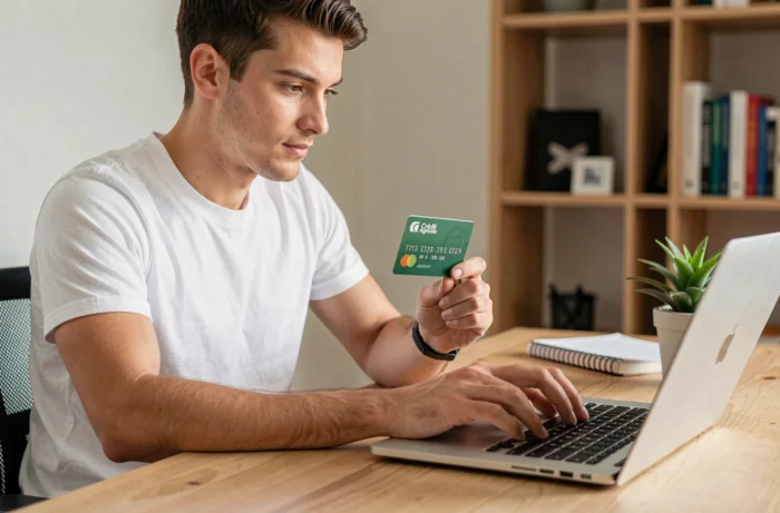 Jeune homme activant sa carte bancaire Crédit Agricole en ligne depuis un ordinateur portable à domicile