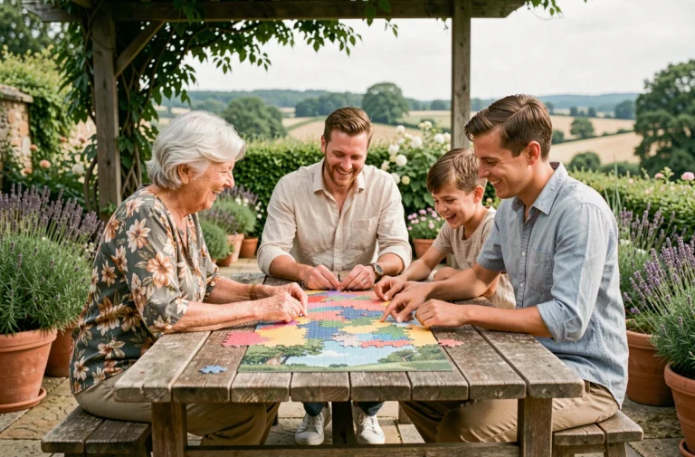 Famille multigénérationnelle faisant un puzzle ensemble en terrasse, activité de loisir pour tous les âges