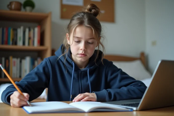 Adolescente vérifiant ses devoirs et notes scolaires sur un ordinateur portable dans sa chambre