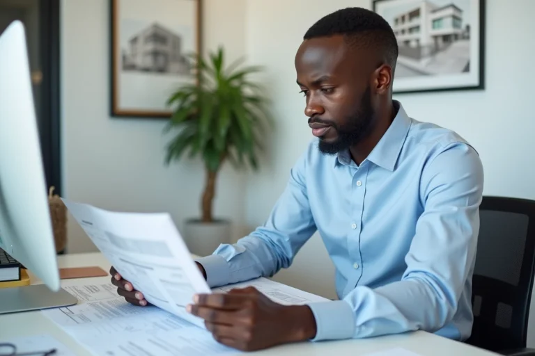 Agent immobilier sénégalais consultant des documents de propriété dans un bureau moderne à Dakar