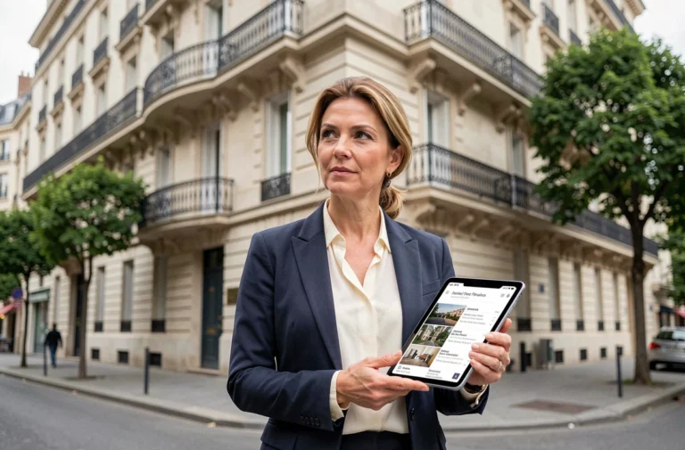 Agent immobilière professionnelle devant un immeuble haussmannien à Paris tenant une tablette avec des annonces immobilières
