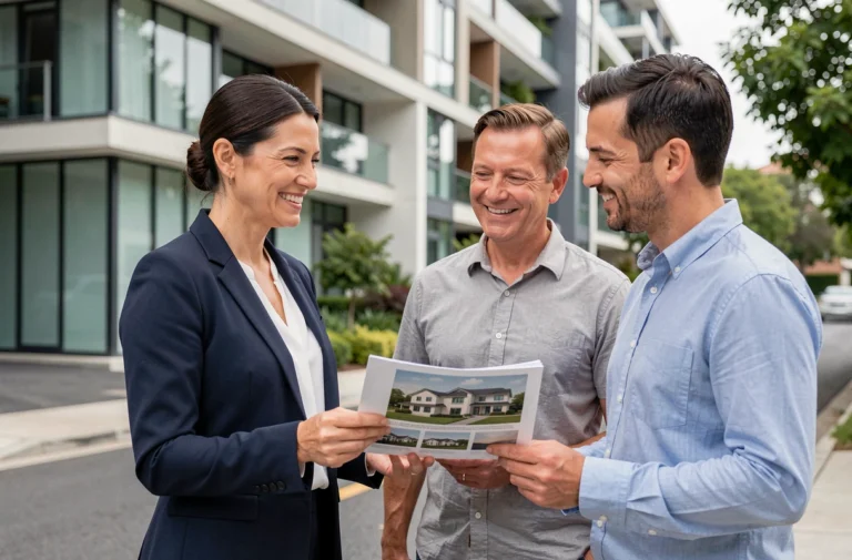 Agent immobilier femme présentant un appartement moderne à un couple devant un immeuble contemporain