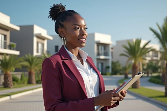 Agente immobilière sénégalaise présentant un bien résidentiel à un client devant un immeuble moderne