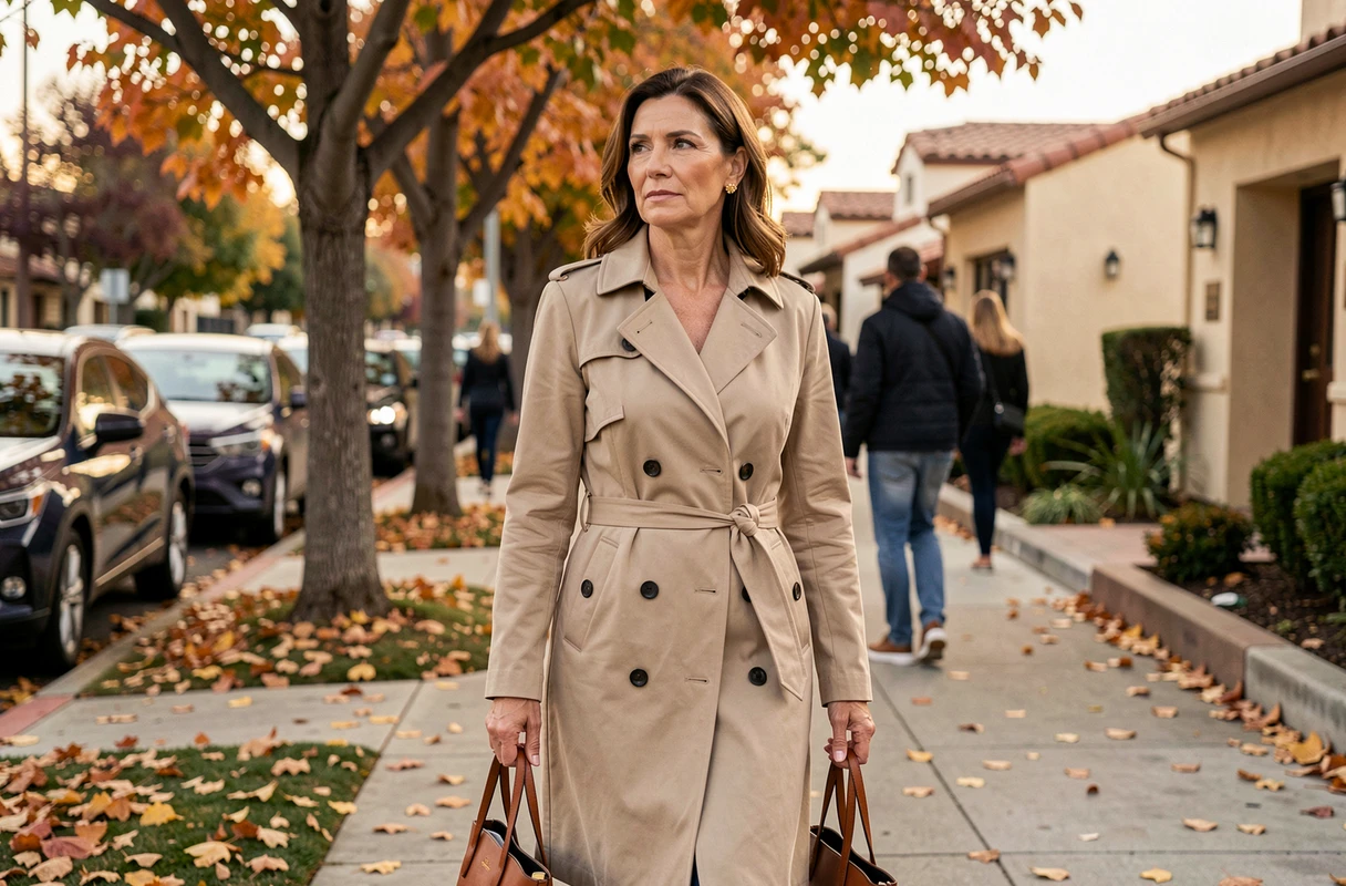 Femme élégante et discrète marchant dans une rue de Los Angeles en automne, portrait évoquant Alexis Knief épouse de star hollywoodienne