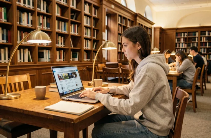Étudiante recherchant des livres numériques gratuits sur son ordinateur portable dans une bibliothèque universitaire