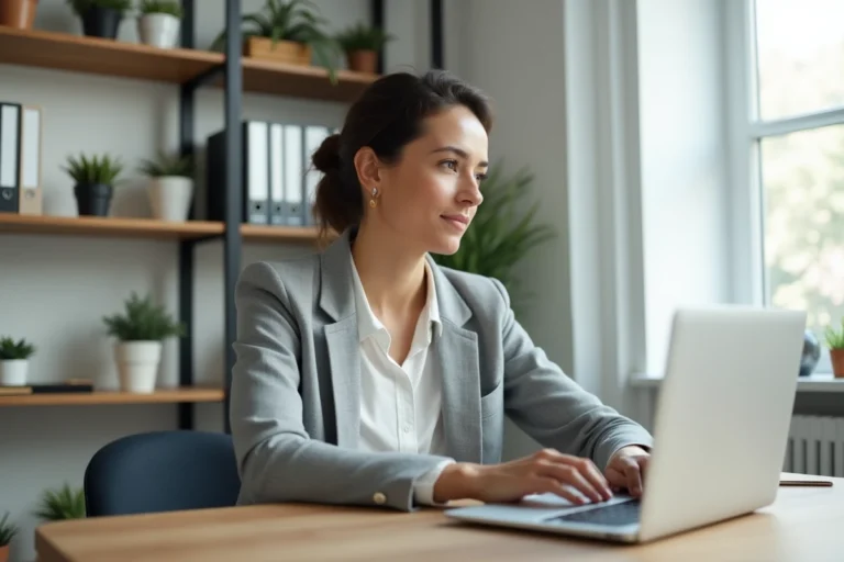 Femme consultant des alternatives à un annuaire en ligne sur un ordinateur portable dans un bureau moderne