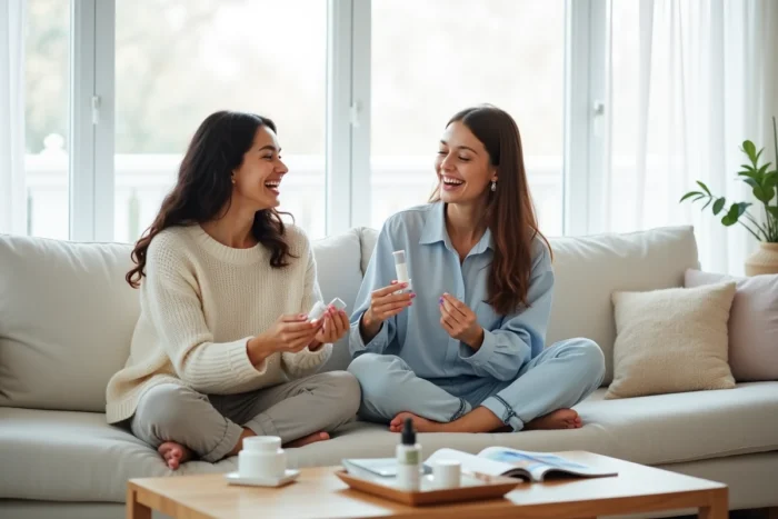 Deux amies testant des produits de soin de la peau ensemble dans un salon minimaliste, conseils beauté entre amies