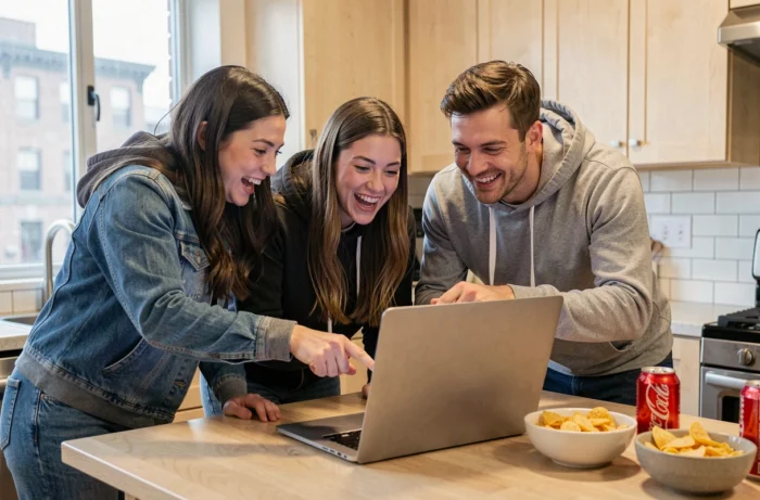 Groupe d'amis discutant de séries TV autour d'un ordinateur portable dans une cuisine conviviale