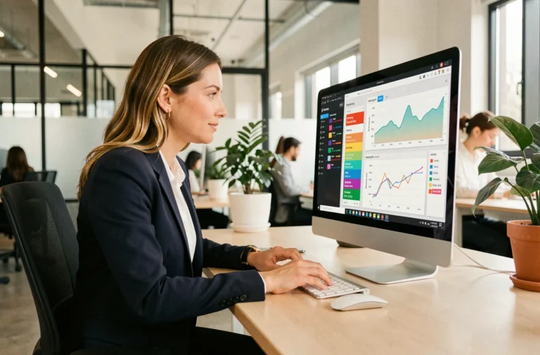 Professionnelle analysant des données SEO sur un écran d'ordinateur avec tableaux de bord et graphiques de mots-clés