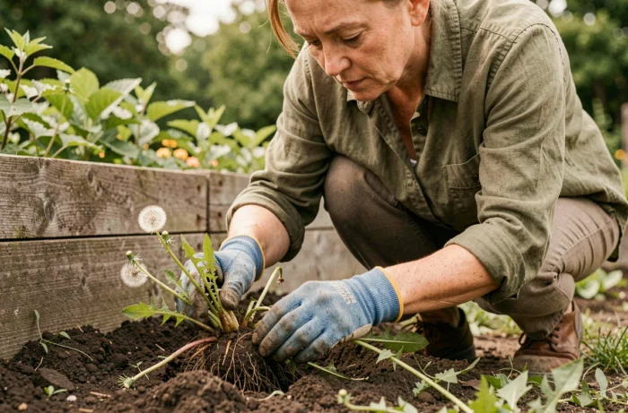 Femme jardinière arrachant des mauvaises herbes à la main dans un potager avec des gants de jardinage en denim