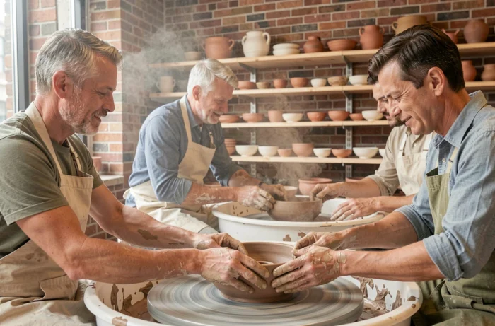 Groupe d'adultes participant à un atelier poterie en studio, activité créative et manuelle pour les loisirs