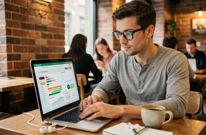 Jeune homme consultant un rapport d'audit SEO sur son ordinateur portable dans un café
