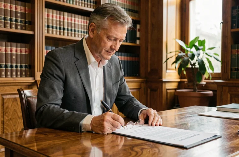 Avocat spécialisé en droit commercial examinant un bail commercial dans un bureau juridique parisien