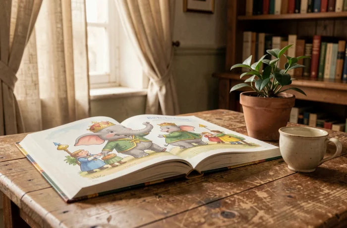 Livre illustré de Babar l'éléphant roi ouvert sur une table en bois rustique avec décor de lecture français