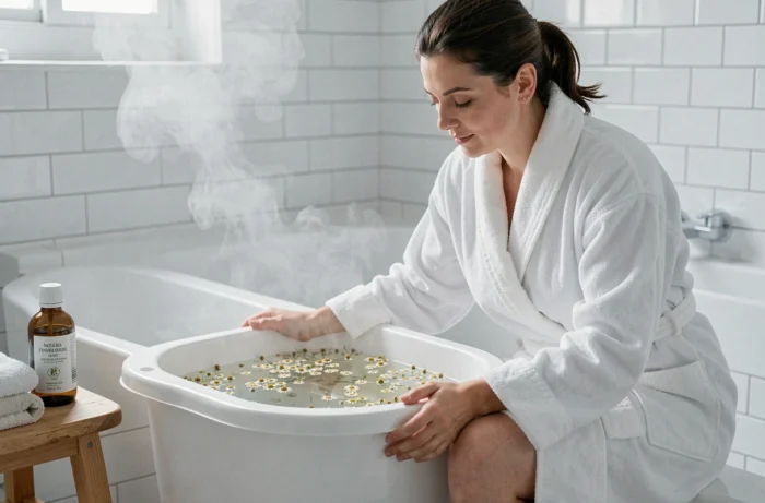 Femme utilisant un bain de siège aux fleurs de camomille comme traitement naturel pour soulager une fistule anale à domicile