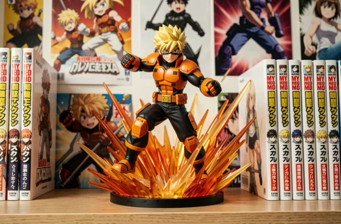 Figurine de Bakugo en pose explosive sur une étagère de collection avec des mangas My Hero Academia