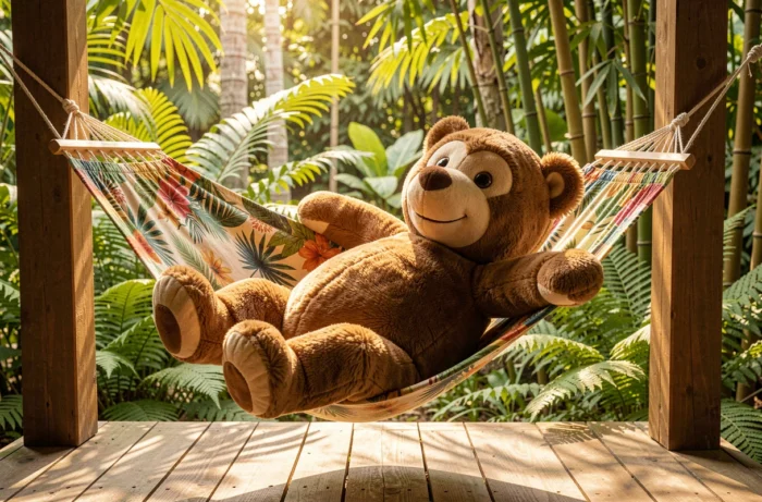 Peluche de Balou l'ours du Livre de la Jungle allongée dans un hamac tropical sur une véranda