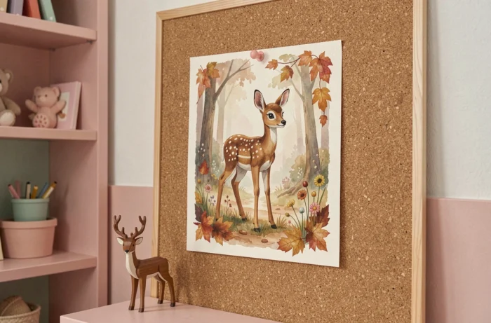 Illustration aquarelle de Bambi le faon dans une forêt brumeuse épinglée dans une chambre de bébé douce