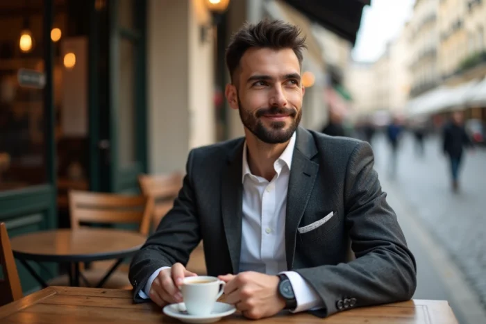 Homme élégant avec une barbe Van Dyke bien taillée assis en terrasse de café à Paris