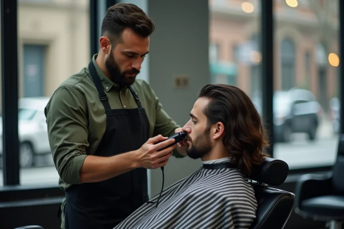 Barbier professionnel réalisant un dégradé bas sur un client aux cheveux longs et ondulés dans un salon urbain moderne