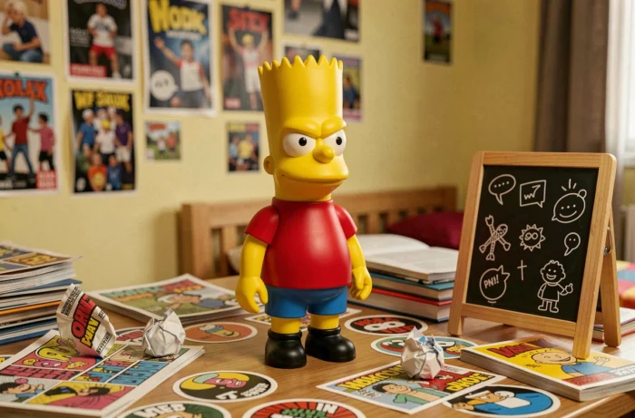 Figurine vinyle collector de Bart Simpson sur un bureau d'adolescent encombré de stickers et BD