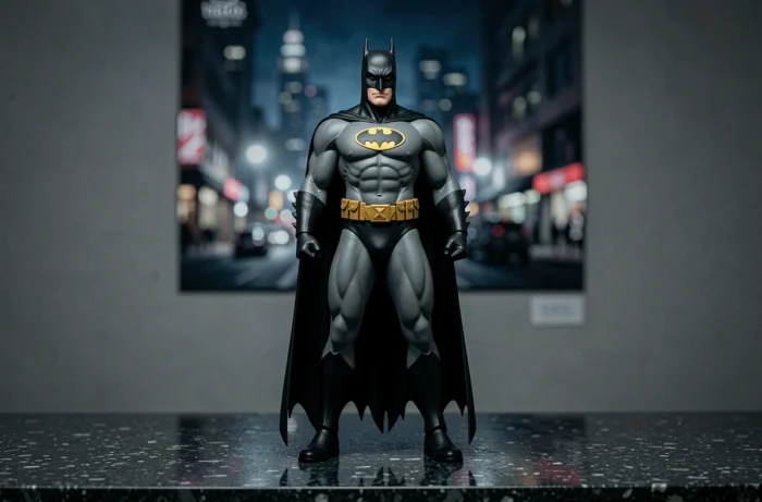 Figurine détaillée de Batman en costume noir avec symbole jaune sur fond urbain sombre