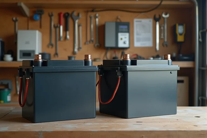 Batteries solaires deep-cycle sur un établi de garage avec câbles et système de gestion pour panneau solaire 3000W