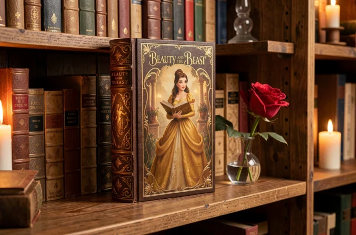 Livre relié de La Belle et la Bête posé sur une étagère de bibliothèque avec une rose rouge dans un vase
