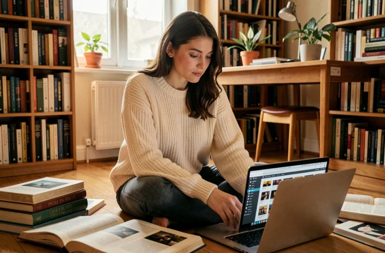 Jeune femme parcourant une bibliothèque numérique gratuite sur son ordinateur portable entourée de livres