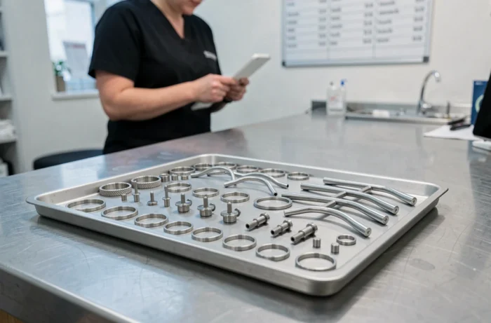 Plateau de bijoux de piercing professionnels en titane et acier chirurgical exposés dans un studio de piercing