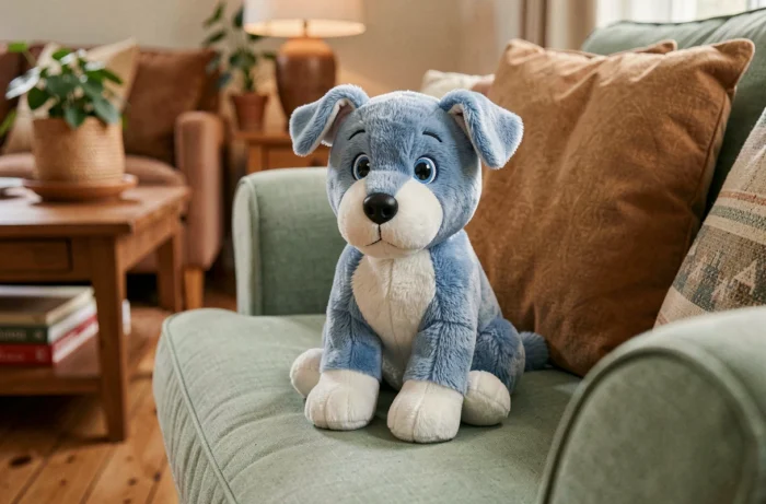 Peluche de Bluey le chiot Blue Heeler posée sur un canapé dans un salon chaleureux de style australien