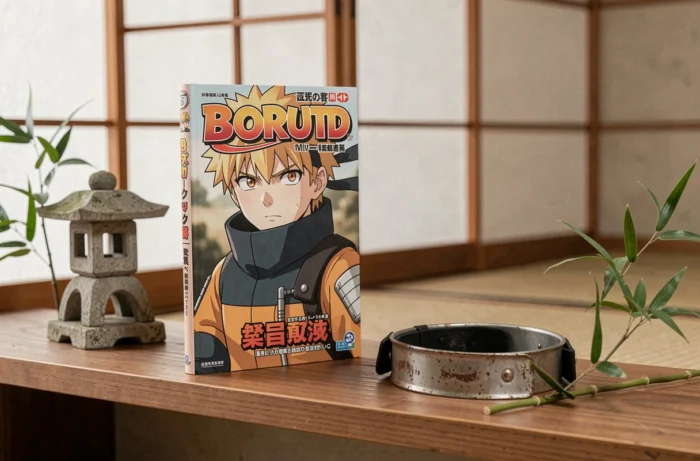 Volume manga de Boruto et bandeau de ninja de Naruto sur une étagère avec décoration japonaise
