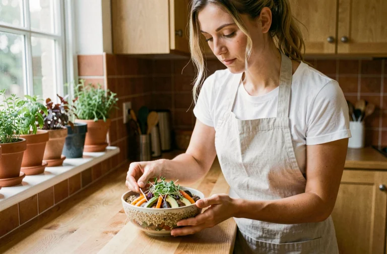 Femme préparant un bowl de quinoa coloré avec légumes rôtis et avocat dans une cuisine naturelle en bois