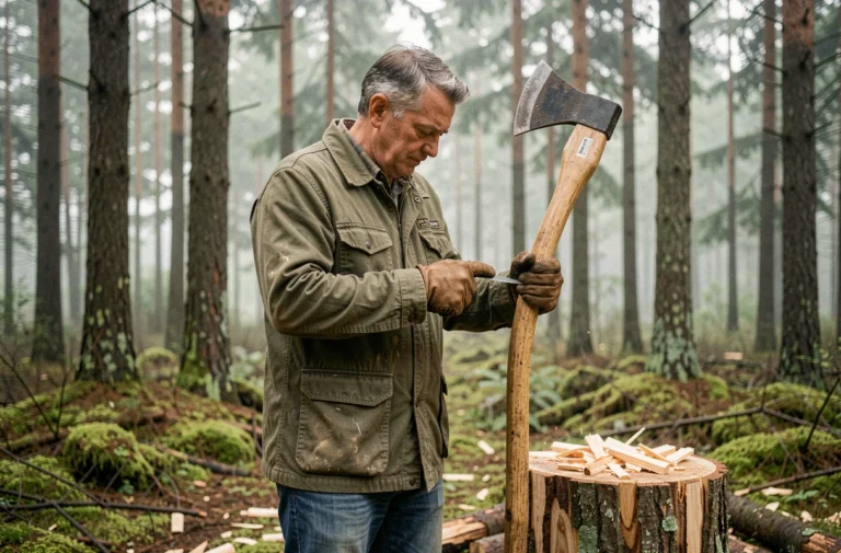 Bûcheron expérimenté tenant une hache de bûcheronnage en forêt, examinant le tranchant avec soin