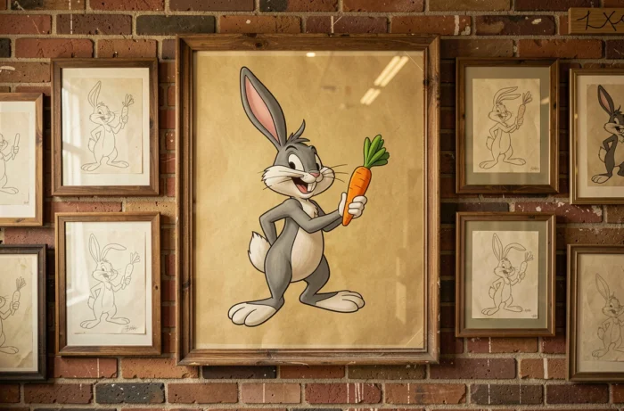 Cel d'animation vintage encadré de Bugs Bunny avec sa carotte dans un studio de dessin animé rétro