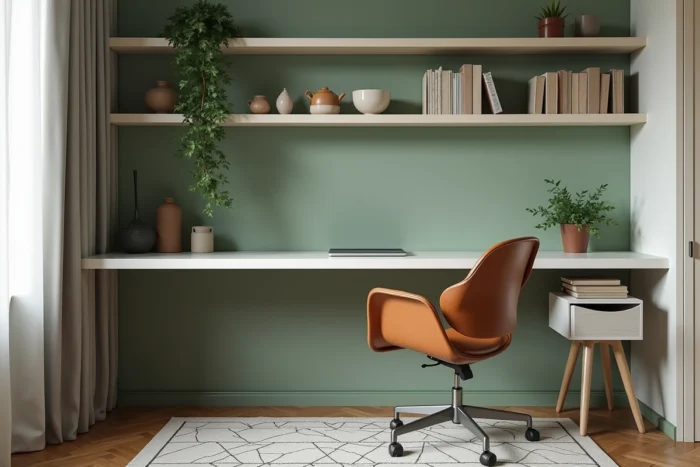 Bureau à domicile moderne avec bureau flottant blanc, chaise en cuir cognac et étagères décoratives dans un appartement urbain