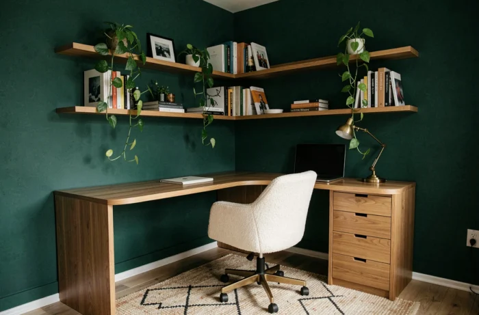 Bureau à domicile tendance avec mur vert forêt, bureau en chêne courbé, étagères flottantes et chaise bouclé crème
