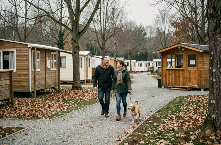 Couple se promenant dans un camping français ouvert en hiver avec des chalets en bois et des arbres dénudés