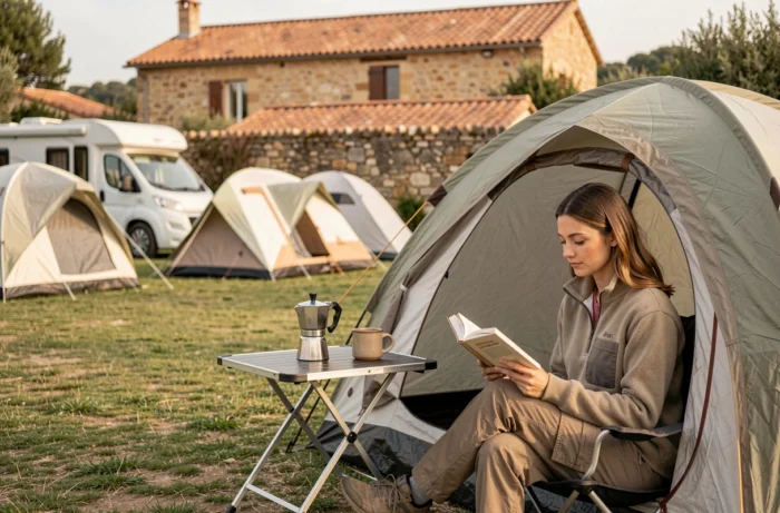 Femme lisant dans un camping en Provence ouvert toute l'année avec tentes et camping-car sur des emplacements herbeux