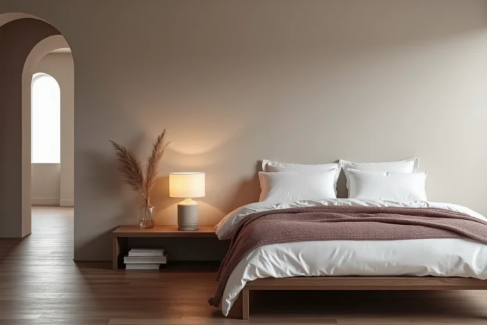 Chambre moderne avec lit plateforme en noyer, linge de lit en percale blanche et mur en plâtre chaulé dans un intérieur contemporain