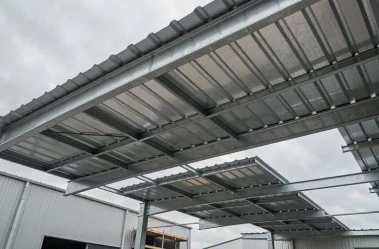 Charpente métallique d'un toit plat bac acier en cours de pose sur un bâtiment industriel, vue en contre-plongée montrant les pannes et les tôles ondulées