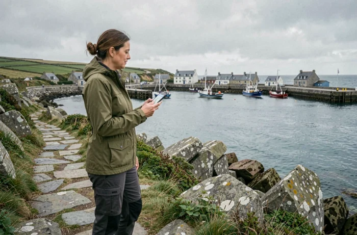 Cheffe d'entreprise bretonne sur la côte rocheuse avec un port de pêche en arrière-plan illustrant le développement local
