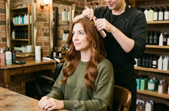 Femme aux cheveux ondulés roux de type 2B se faisant coiffer dans un salon de coiffure artisanal par une professionnelle