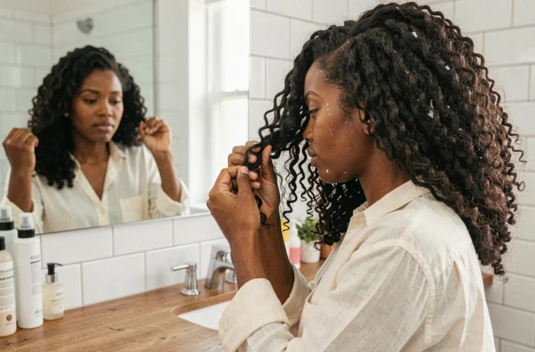 Jeune femme noire aux cheveux naturels coily de type 4C prenant soin de sa coiffure devant un miroir de salle de bain moderne