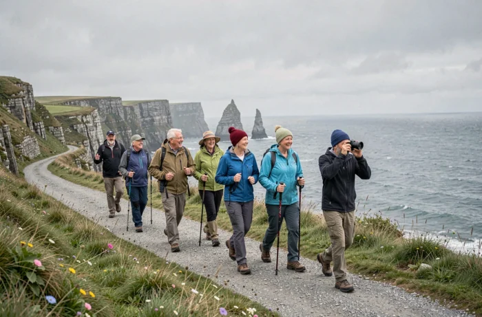 Groupe de seniors en club nature marchant sur un sentier côtier lors d'une randonnée organisée pour célibataires actifs