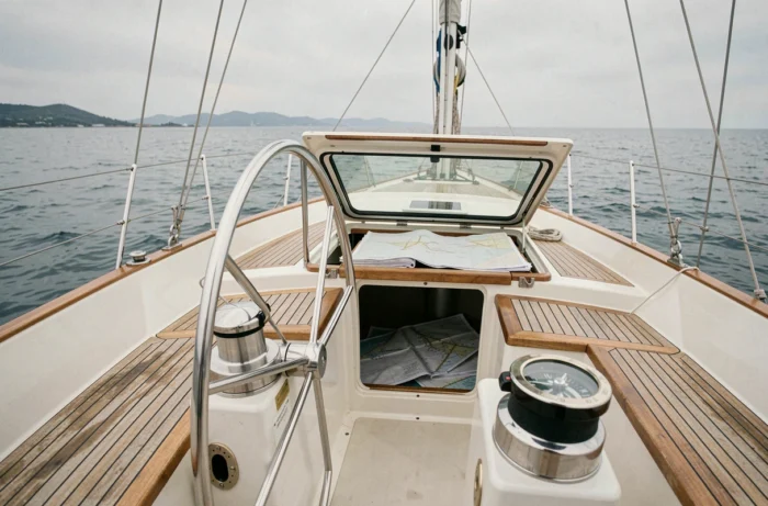 Cockpit d'un voilier en acier au large, barre à roue en inox et descente vers la table à cartes