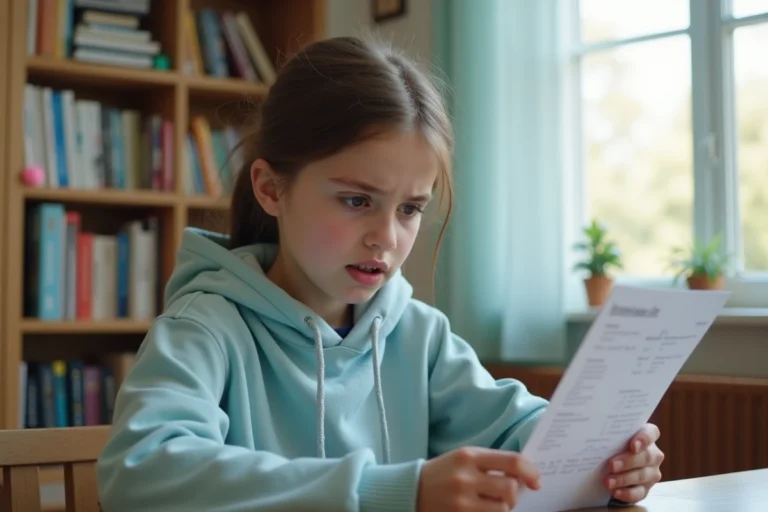 Collégienne de 14 ans consultant son bulletin scolaire avec une moyenne de 13, assise à son bureau dans sa chambre